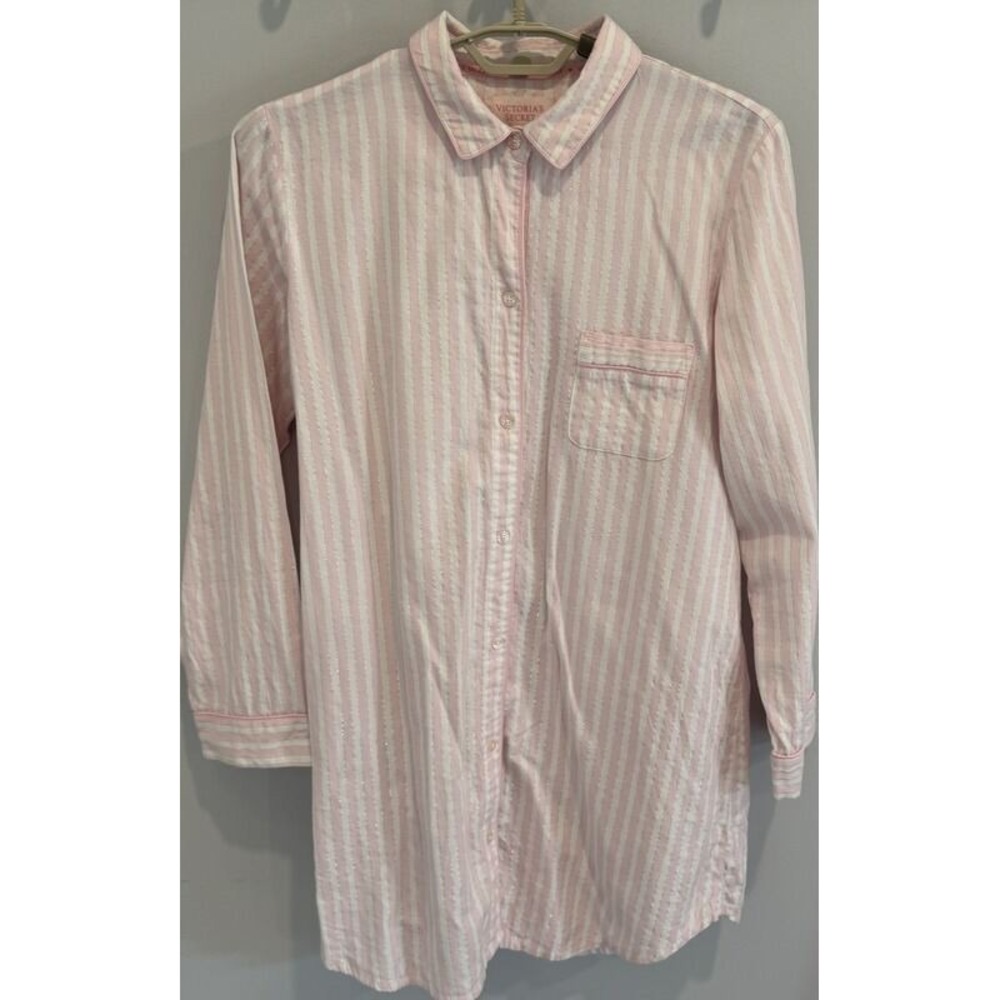 Victorias Secret Classic Pale Pink Stripe Sleep Shirt Metallic Thread Cotton M